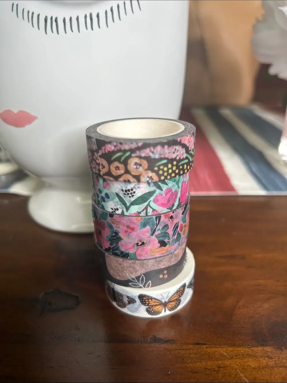 Floral & Butterfly Washi Tape Set - Pink, Teal, Black, White set of 5